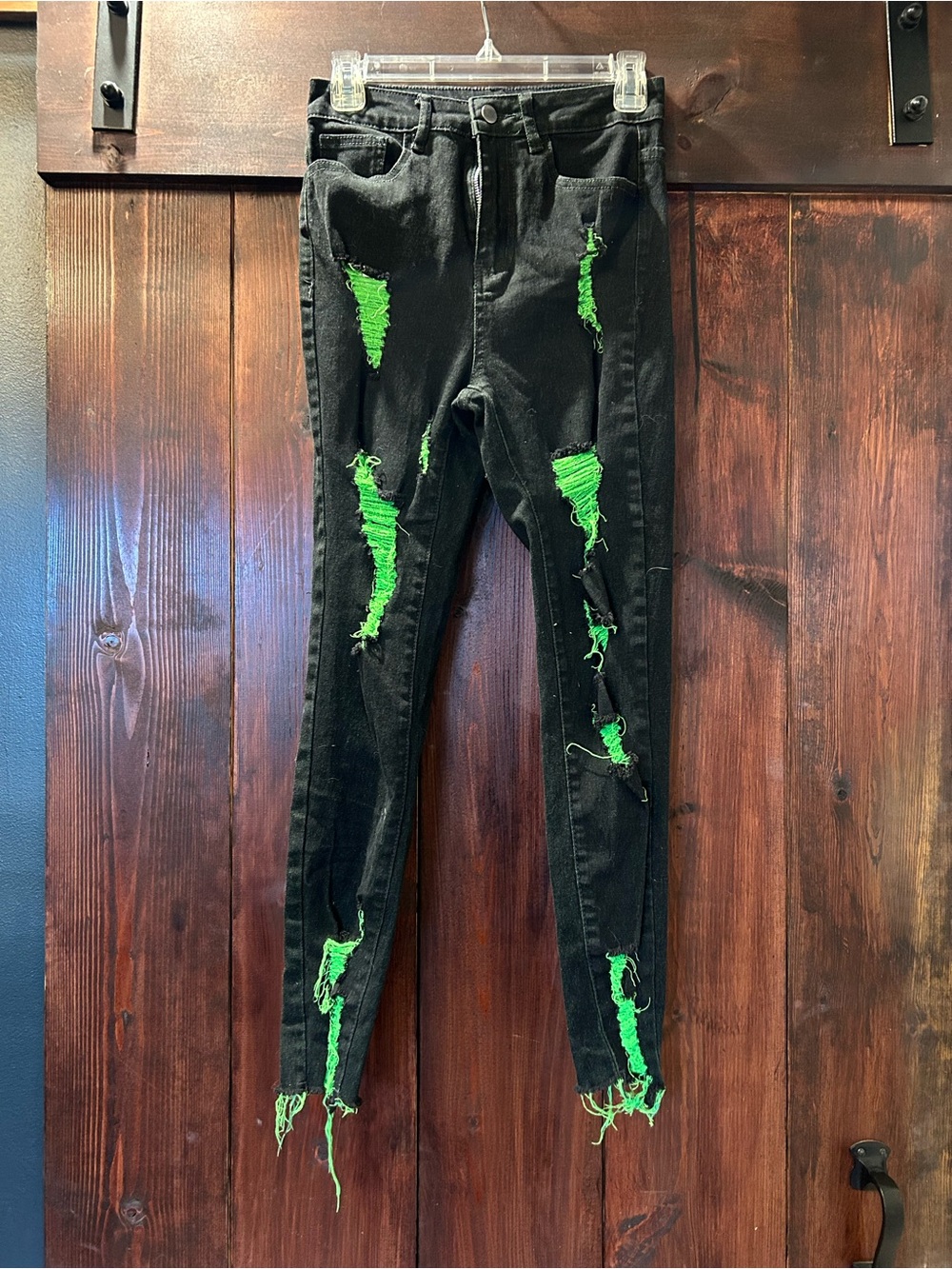 Black Distressed Jeans with Neon Green Underlay